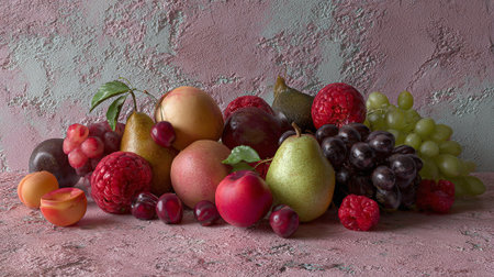 Still life with fruits on a pink concrete background. Copy space.の素材