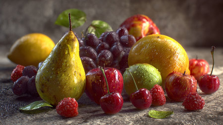 still life with fruits and berries on old wooden table, selective focusの素材