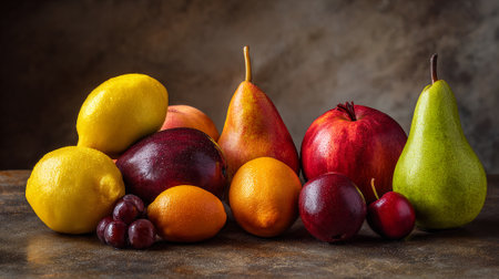Fruits on the old wooden table. Healthy food background. Selective focus.の素材