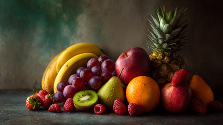 Variety of fresh fruits on rustic background, selective focus.の素材