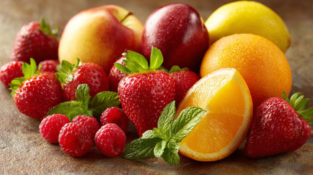 Fruit salad with strawberries, oranges, lemons and raspberriesの素材