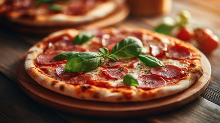 Pizza with salami, mozzarella and basil on wooden backgroundの素材