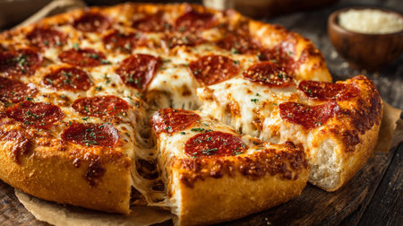 Pepperoni pizza with mozzarella cheese on rustic wooden backgroundの素材