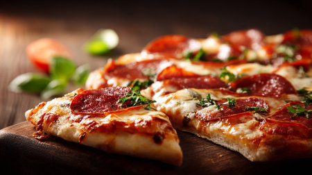 Pizza with salami and mozzarella cheese on wooden backgroundの素材