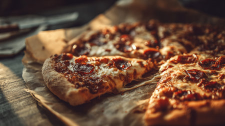 Pizza with mozzarella cheese and tomato sauce on wooden tableの素材