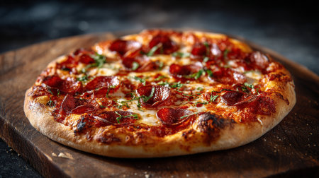 Pepperoni pizza with mozzarella cheese and salami on wooden boardの素材