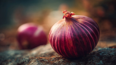 Red onion on a stone. Selective focus. Shallow depth of field.の素材