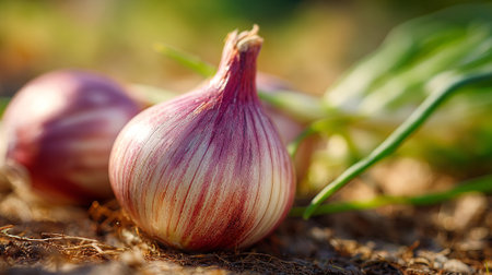 Organic garlic growing in the garden. Selective focus. Shallow depth of field.の素材