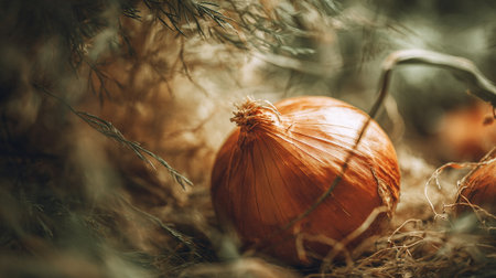 Onion on the ground in the nature. Selective focus.の素材