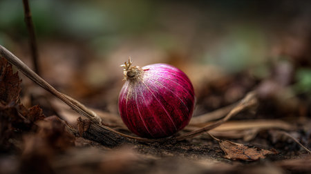 Red onion on the ground in the forest. Shallow depth of field.の素材