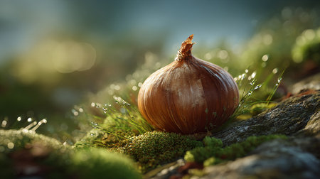 Onion on moss in the forest. Shallow depth of fieldの素材
