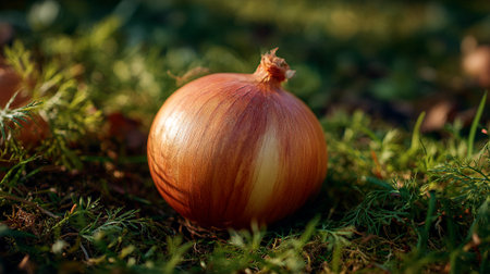 Onion on green grass in the garden. Selective focus.の素材