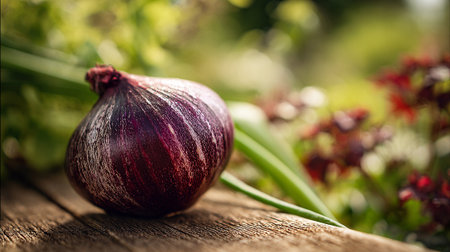 Fresh red onion on the wooden table in the garden. Selective focus.の素材