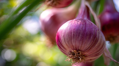 Close up of red onion growing in a garden. Selective focus.の素材
