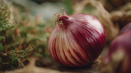 Red onion on a wooden background. Selective focus. Toned.の素材