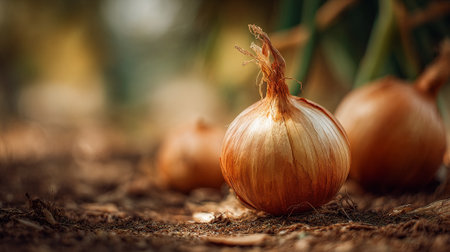 Onion on the ground in the vegetable garden. Selective focus.の素材