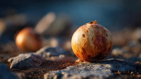 Rotten onion on the ground at sunset. Selective focus.の素材
