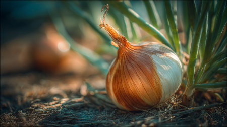 Onion on the field. Selective focus. Toned.の素材