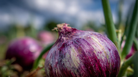Close up of purple onions growing in a field, selective focus.の素材