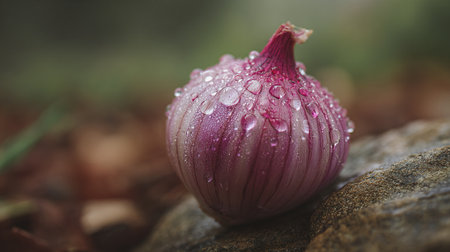 Water droplets on a purple shallot flower in the autumn forestの素材
