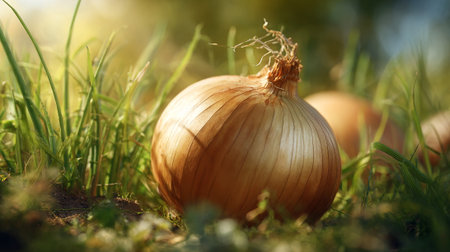 Onion on the grass. Selective focus. Shallow depth of fieldの素材