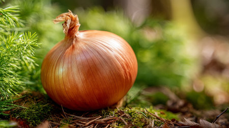 Onion on a green moss in the forest. Selective focusの素材