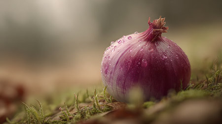 Onion on the ground in the forest. Shallow depth of field.の素材