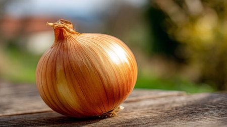 Onion on a wooden table in the garden. Selective focus.の素材