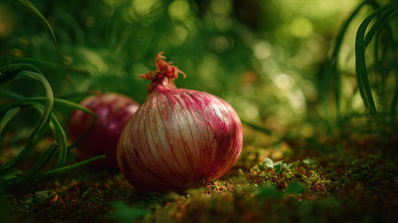 Onion in the garden. Selective focus. Shallow depth of fieldの素材