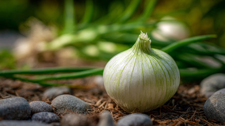 Onion on the ground in the garden. Selective focus.の素材