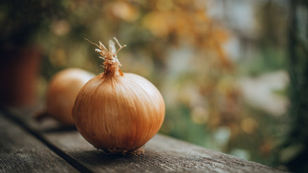 Onion on a wooden table in the garden. Selective focus.の素材