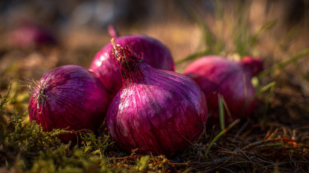Red onion in the forest. Selective focus. Shallow depth of fieldの素材