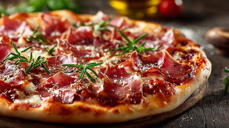Pizza with prosciutto and rosemary on wooden backgroundの素材