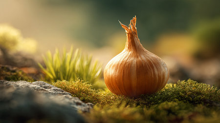 Onion on the moss in the forest. Shallow depth of fieldの素材