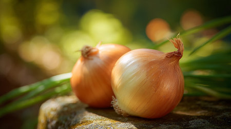 onion on a wooden table in the garden, shallow depth of fieldの素材