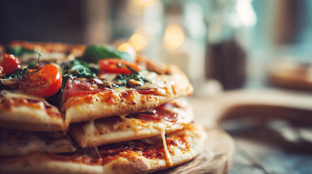 Pizza with tomatoes and mozzarella on a wooden background.の素材