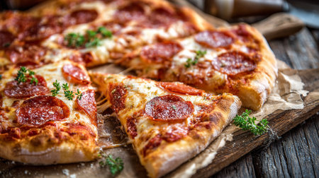Pepperoni pizza with mozzarella cheese and tomatoes on rustic wooden tableの素材