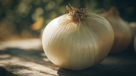 onion on a wooden table in the garden, vintage color toneの素材