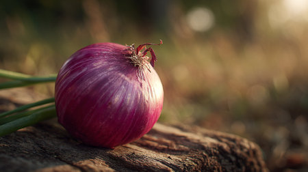 Red onion on a stump in the garden. Selective focus.の素材
