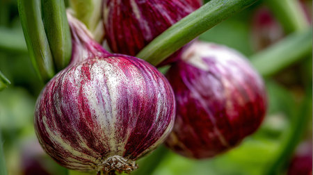 Close up of fresh garlic bulbs growing in a garden. Selective focus.の素材