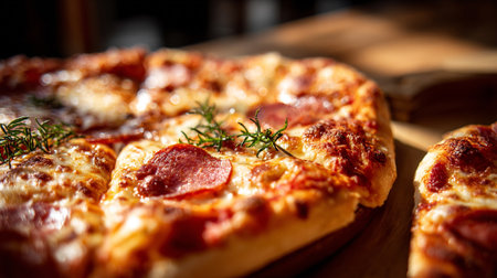 Pepperoni pizza on wooden board with dill and rosemaryの素材