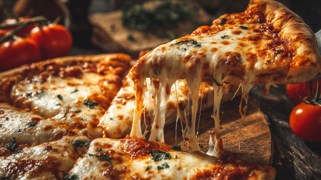 Pizza with mozzarella cheese and tomatoes on a wooden boardの素材