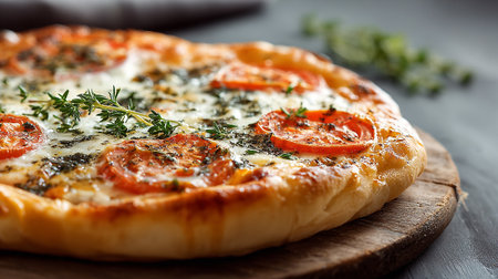 Pizza with mozzarella, tomatoes and thyme on wooden boardの素材