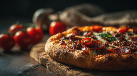 Pizza with mozzarella cheese and tomatoes on a wooden boardの素材