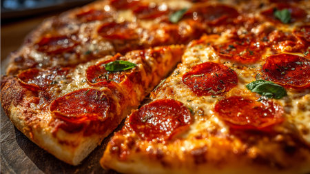 Pepperoni pizza with mozzarella cheese, tomatoes and basilの素材