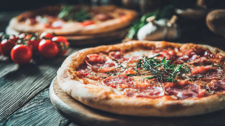 Pizza with mozzarella cheese, tomatoes and herbs on a wooden tableの素材