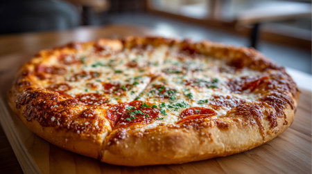 Pizza with mozzarella cheese and tomato sauce on wooden boardの素材