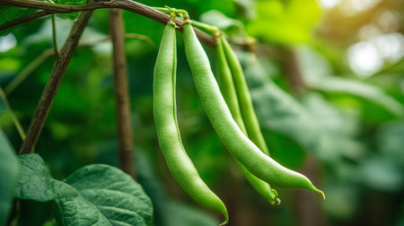 Green beans growing on a branch in the garden. Close up.の素材