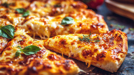 Pizza with mozzarella, tomato and basil on dark backgroundの素材