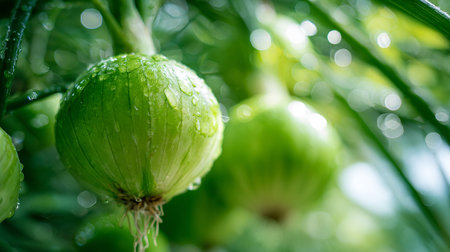 Green onion growing in a vegetable garden. Shallow depth of field.の素材